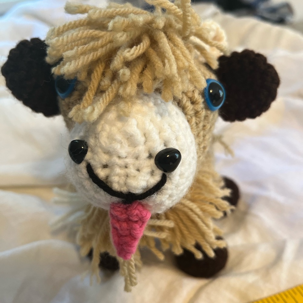 Handmade Crocheted Plush Goat with Pink Tongue